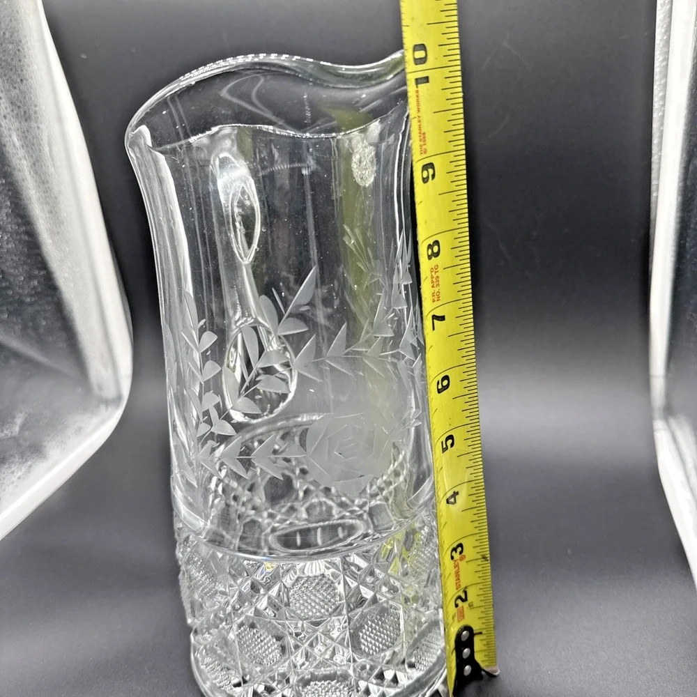 Vintage Etched Rose Cut Glass Pitcher and 6 Matching Floral Tumbler Glasses Set